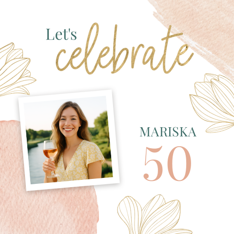 Uitnodiging 50 jaar verjaardag met goudkleurige bloemen