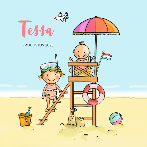 Geboortekaartje meisje zon zee en strand 2de kindje