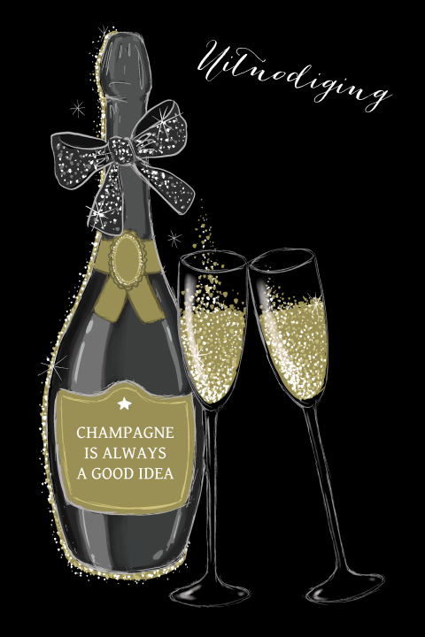 Uitnodiging nieuwjaarsborrel champagnefles en -glazen