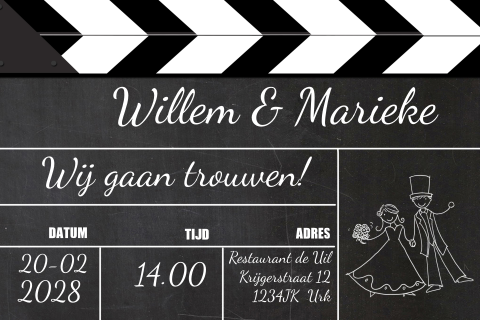 Trouwkaart met filmklapper scene bord
