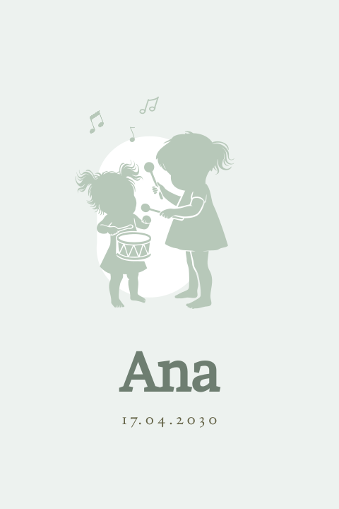 Geboortekaartje 2e kindje meisje trommel silhouet zusjes muziek