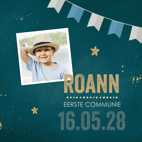 Uitnodiging communie met vlaggetjes en foto