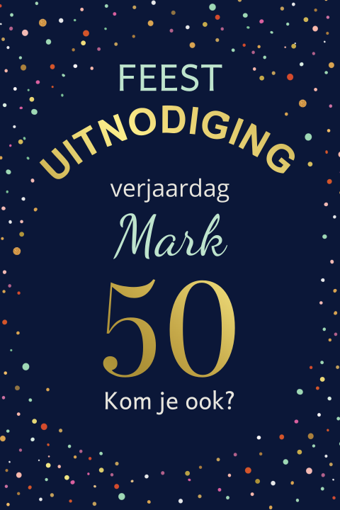 Staande enkele uitnodiging met gekleurde confetti en goudfolie 50 jaar