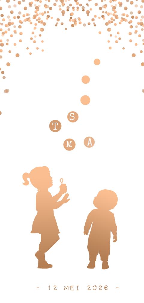 Geboortekaart 2e kindje jongen met bellenblaas zusje