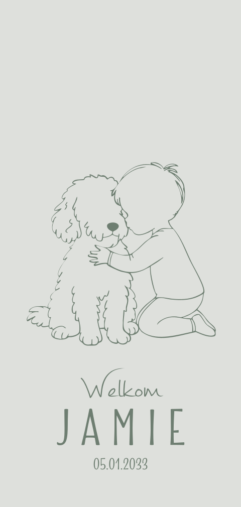 Geboortekaartje jongetje met lijntekening labradoodle hond