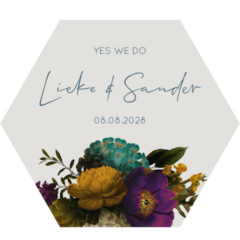 Hexagon trouwkaart kleurrijk ontwerp met bladeren