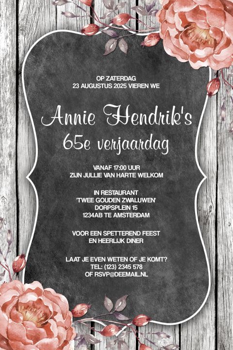 Vintage uitnodiging 65 jaar met bloemen en krijtbord
