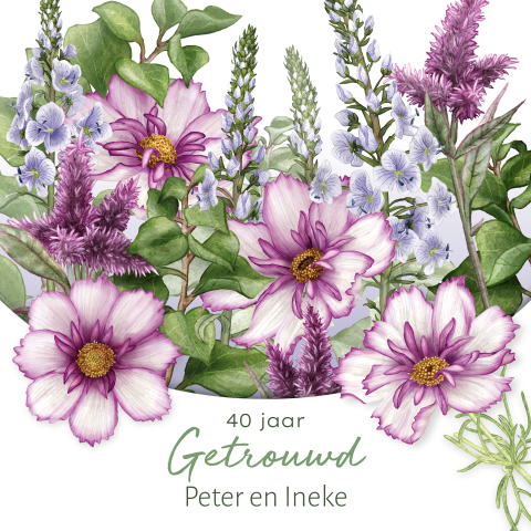 Jubileum uitnodiging 40 jaar getrouwd met paarse bloemen