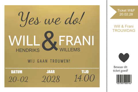 Trouwkaart ticket in goud met wit