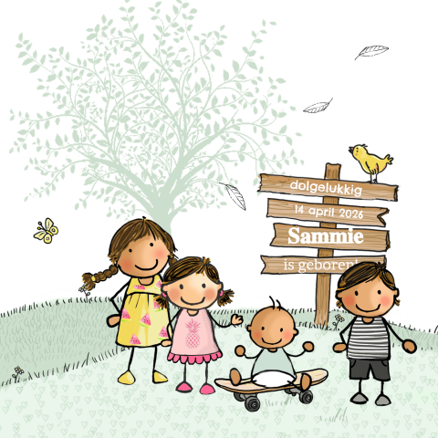Getekend geboortekaartje jongen vierde kindje lente