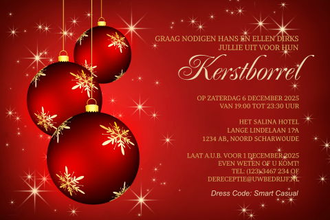 Uitnodiging kerstborrel met kerstballen in rood goud