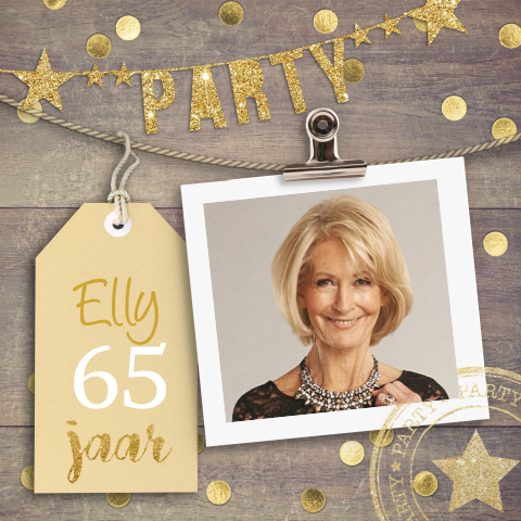 Uitnodiging verjaardag 65 jaar vrouw slingers en foto