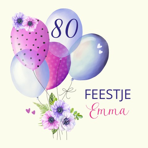 80e verjaardag uitnodiging met ballonnen en anemonen