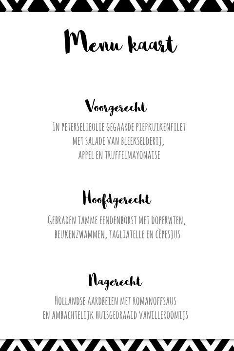 Trendy menukaart met zwart wit patroon