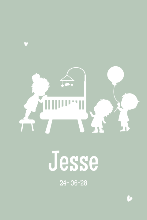 Geboortekaartje jongen 4e kindje zus broer wiegje silhouet
