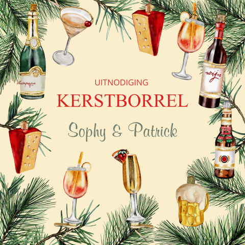 Uitnodiging kerstborrel met bier en wijn glazen als kerstballen