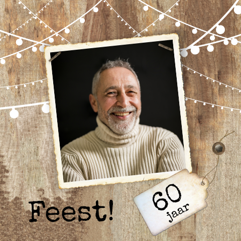 Stoere uitnodiging man 60 jaar met hout-look en foto 