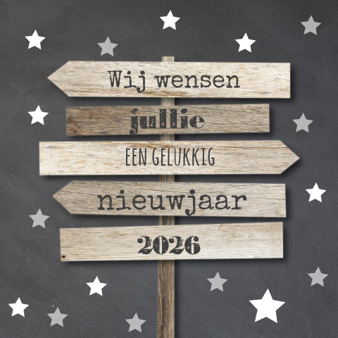 Hippe nieuwjaarskaart krijtbord wegwijzer hout met sterren