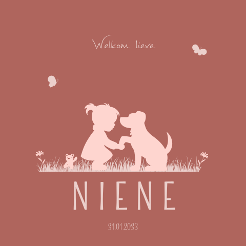 Geboortekaartje meisje met silhouet van hondje puppy en meisje