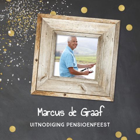 Uitnodiging pensioenfeest met foto en confetti 