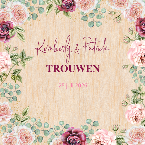 Prachtige trouwkaart op echt berkenhout met rozen