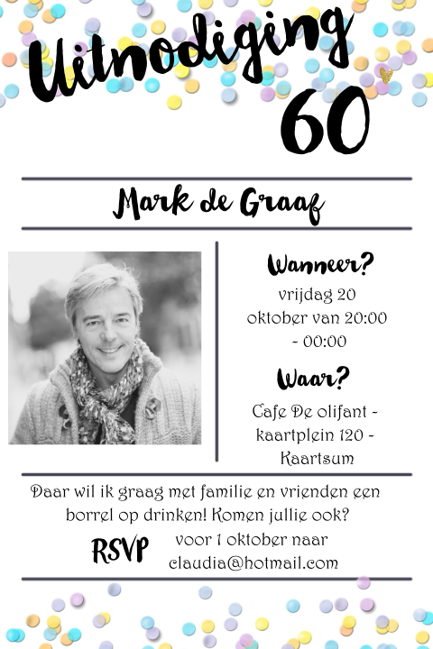 Uitnodiging verjaardag 60e met lichte kleuren confetti en typografie