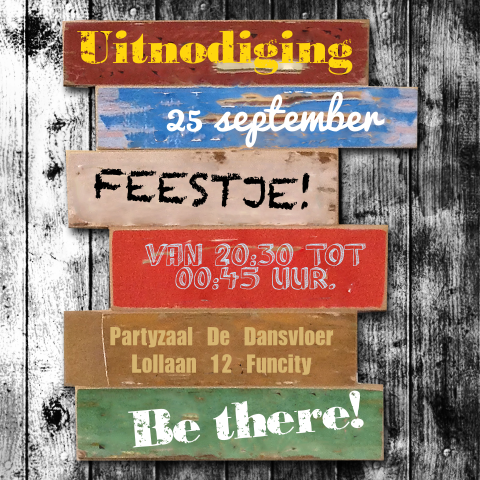 Uitnodigingskaart feest houten tekstborden