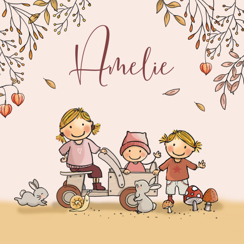 Geboortekaartje voor een 3e kindje zusjes met houten kar