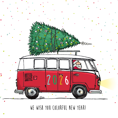 Leuke kleurrijke kerstkaart van volkswagen busje rood