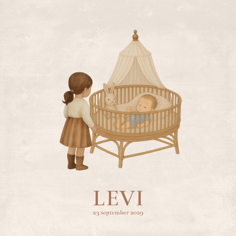 Geboortekaartje 2e kindje een jongetje tekening ledikant met zus
