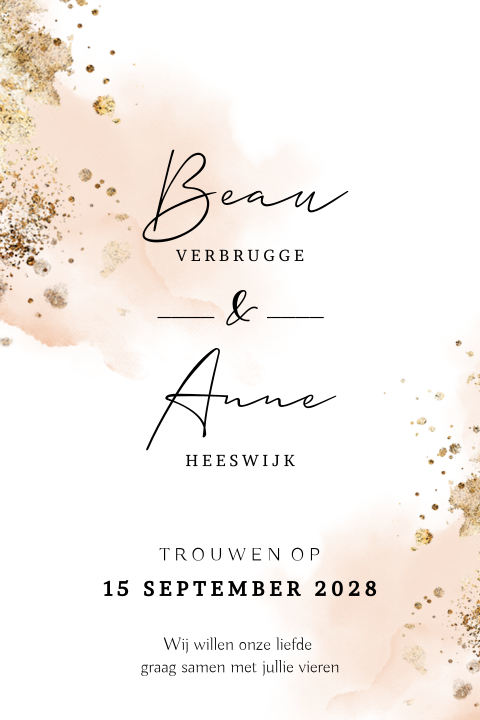 Trouwkaart roze waterverf en goudlook spetters