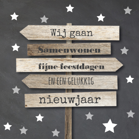 Wij gaan samenwonen kerstkaart krijtbord wegwijzer hout met sterren