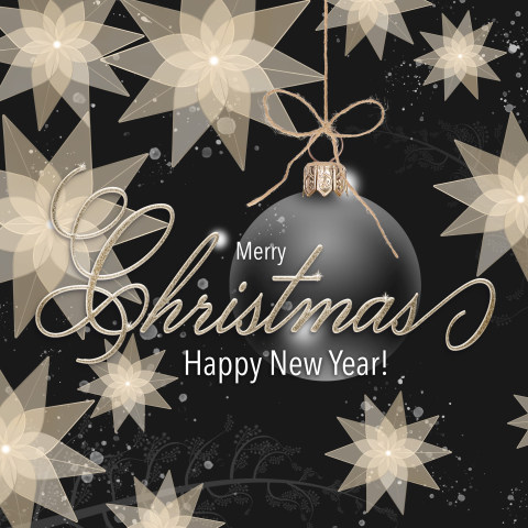 Kerstkaart met kerststerren kerstbal en sneeuw zwart goud