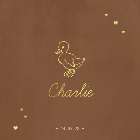 Geboortekaartje met een eendje in goudfolie