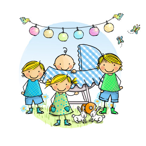 Geboortekaart jongen vierde kindje en kinderwagen in blauw