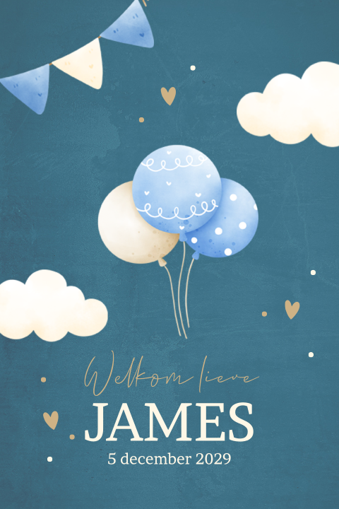 Lief geboortekaartje jongen met wolkjes en ballon