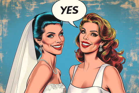 Vintage save the date uitnodiging met 2 bruiden