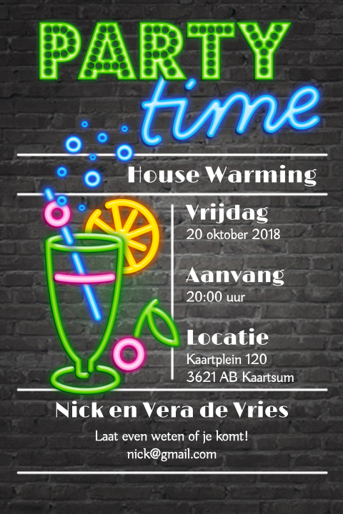 Feestelijke uitnodiging housewarming neon cocktails