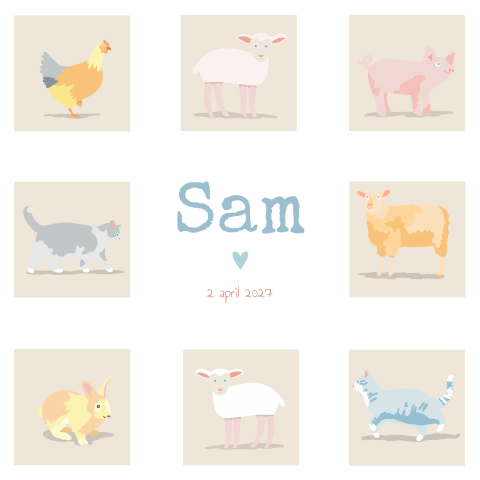 Geboortekaartje voor een jongen of meisje met boerderijdieren