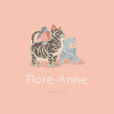 Geboortekaartje meisje met poesje en knuffelbeertjes