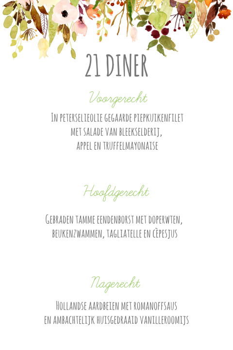 Menukaart 21 diner met bloemen waterverf