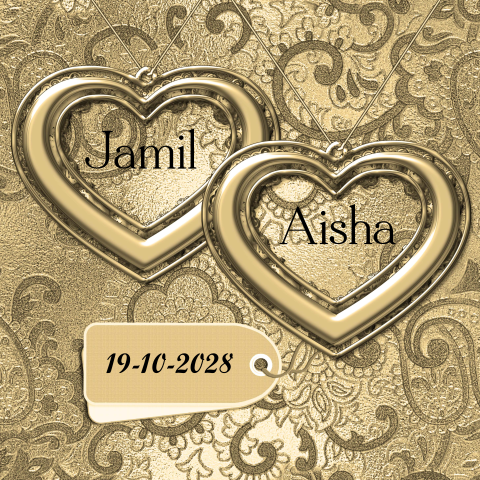 Arabische trouwkaart goudkleurig met hartjes hangers