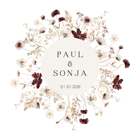 Trouwkaart met bloemenkrans in terra kleuren