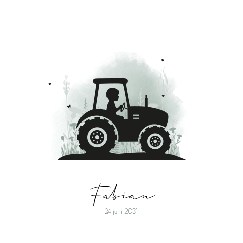 Geboortekaartje jongetje met silhouet tractor in bloemenveld