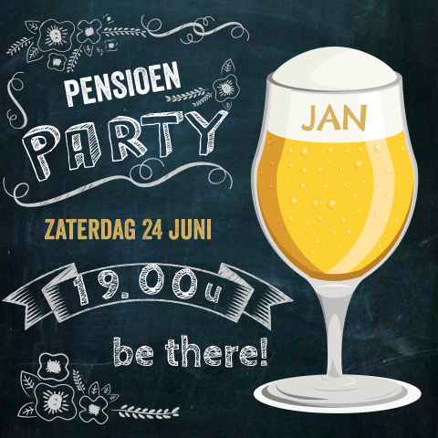Uitnodiging pensioen met teksten bier krijtbord