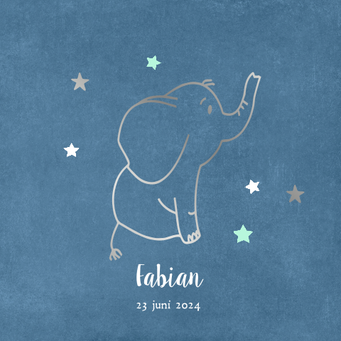 Geboortekaartje voor een jongen olifantje in echt zilverfolie
