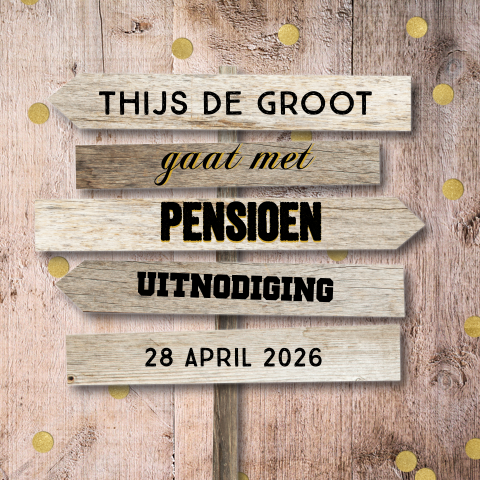 Uitnodiging pensioenfeest met houten bord en confetti