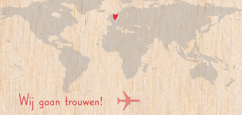 Echt houten trouwkaart in de vorm van een vliegtuig ticket