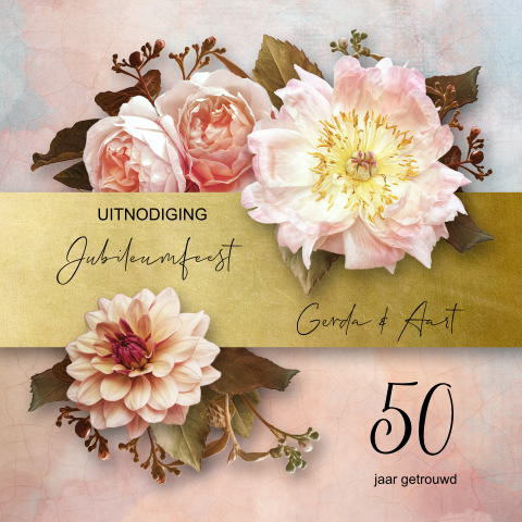 Uitnodiging Jubileum 50 jaar met mooie roze bloemen
