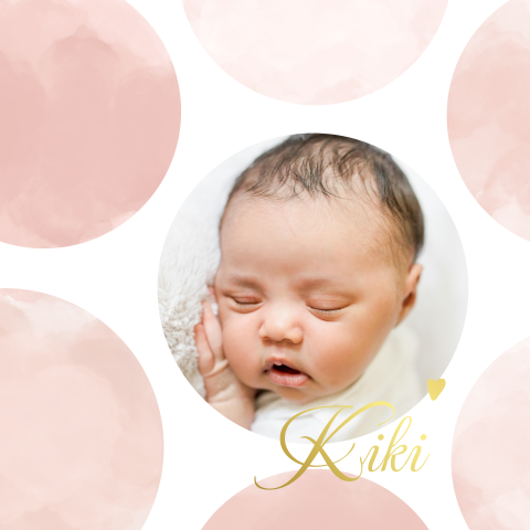 Geboortekaartje stippen foto waterverf goudfolie roze